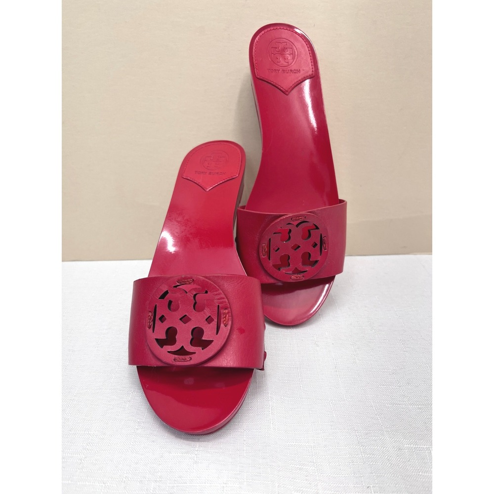 Tory Burch Miller Wedge Sandals Womens Red Good Logo Patent Leather Slides